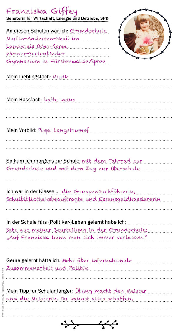Das Checkpoint-Freundebuch , ein Eintrag von Wirtschaftssenatorin Franziska Giffey (SPD)