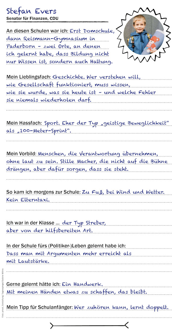 Der Checkpoint Freundebuch-Eintrag von Finanzsenator Stefan Evers (CDU)