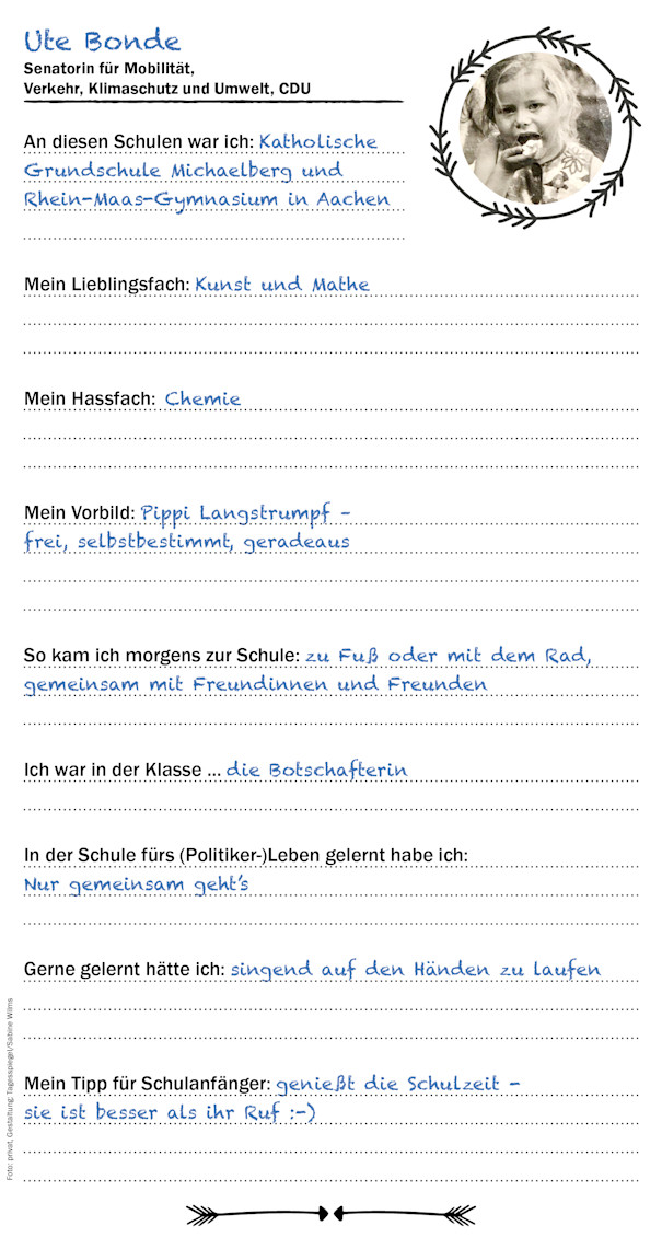 Der Checkpoint Freundebuch-Eintrag von Verkehrssenatorin Ute Bonde (CDU)